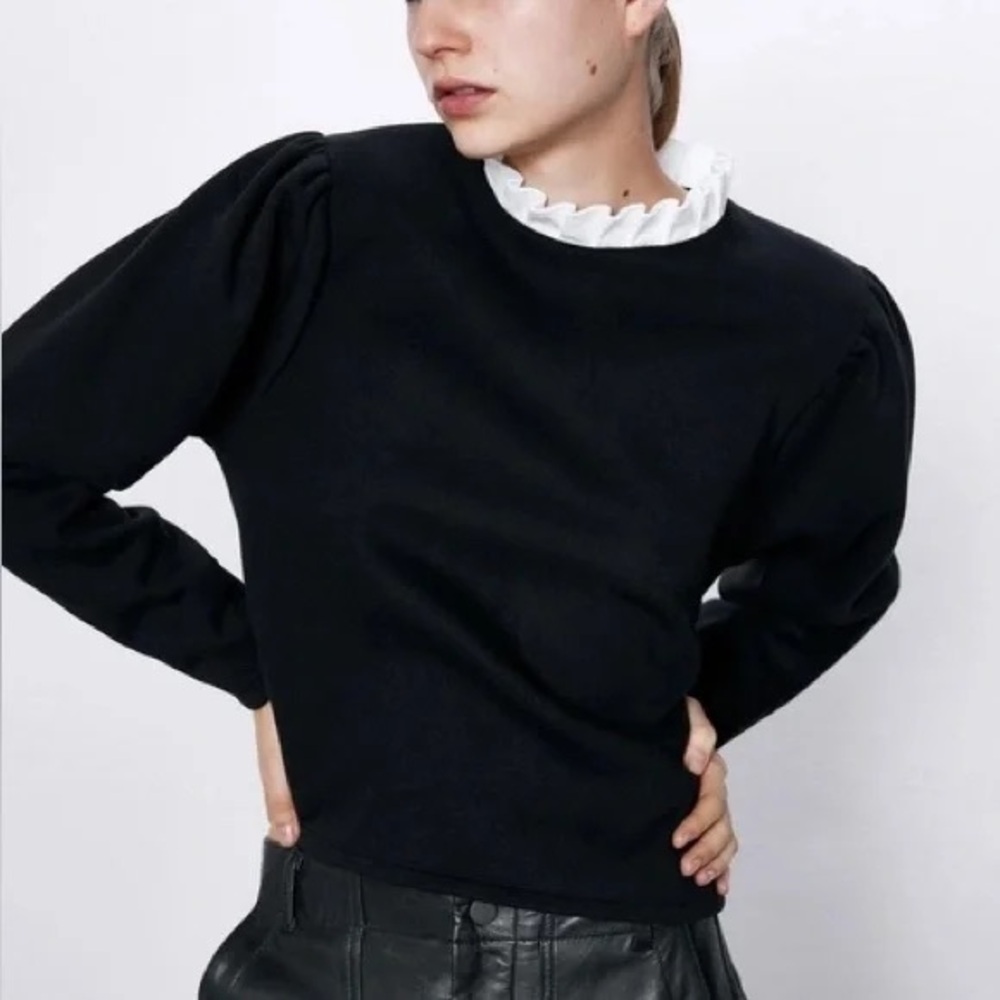 Zara Black Sweatshirt with White Ruffle Collar